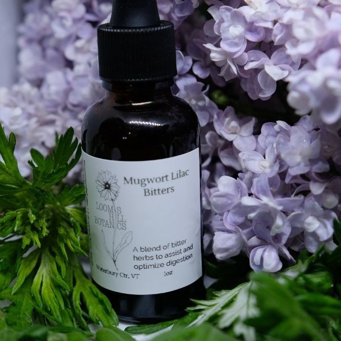 A bottle of Loomis Hill Botanicals' lilac mugwort bitters.