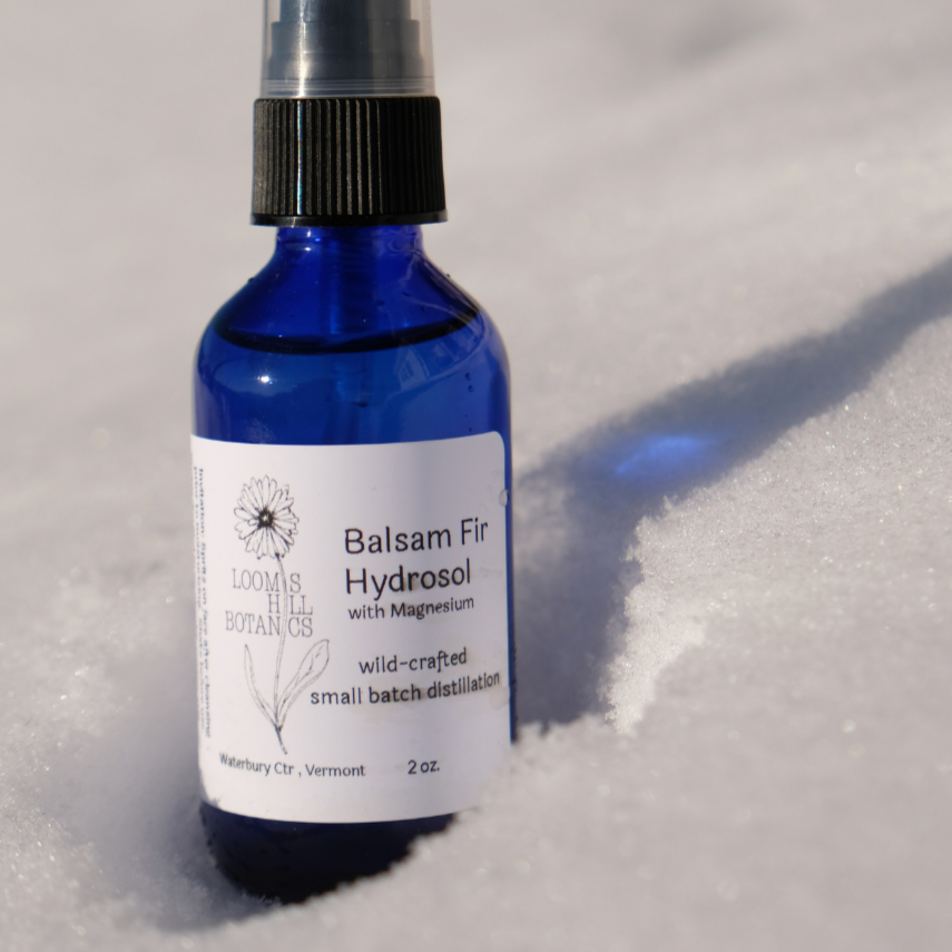 A bottle of Loomis Hill Botanicals balsam fir hydrosol.