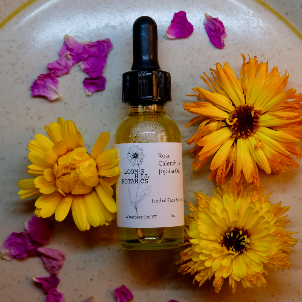 A bottle of Loomis Hill Botanicals' rose calendula jojoba oil.