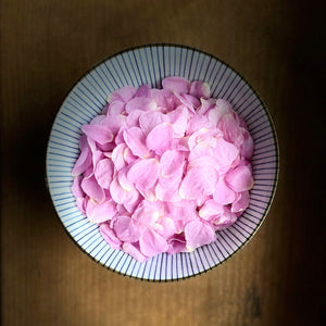 
                  
                    A bowl of fresh rosa rugosa petals ready to be turned into this beautiful organic elixir.
                  
                
