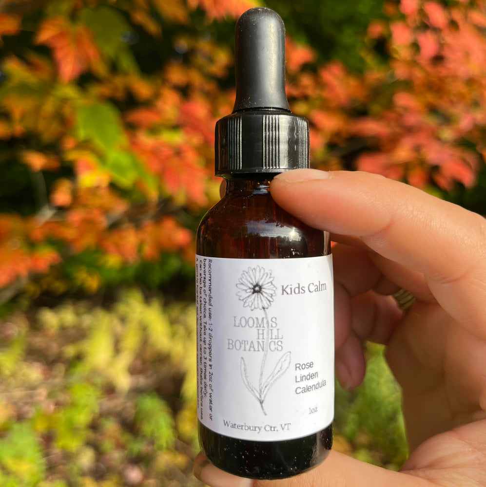 A bottle of Loomis Hill Botanicals' kids calm glycerite.