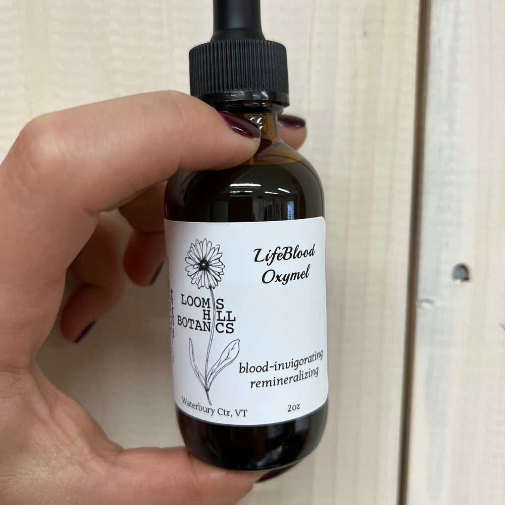 A bottle of Loomis Hill Botanicals' Lifeblood oxymel.